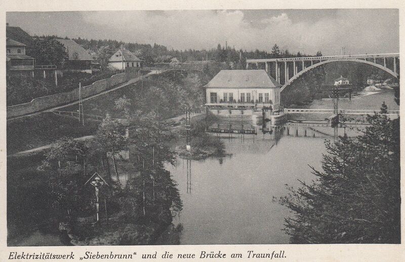 Datei:Traunfall-kraftwerk-siebenbrunn-gasthaus-kastenhuber-traunfall-brücke-vor-1945-chorinsky-kreuz.jpg