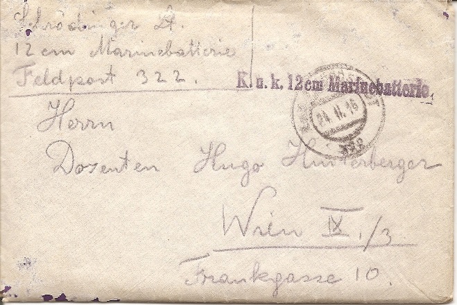 Feldpost-Brief von Erwin Schrödinger an Hugo Hinterberger, am 23.2.1916